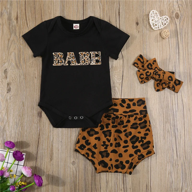

Baby Girl's Summer Casual Suit 3Pcs,Fashion Leopard Print Short Sleeve Round Neck Bodysuit + Shorts +Headwear for Birthday Party