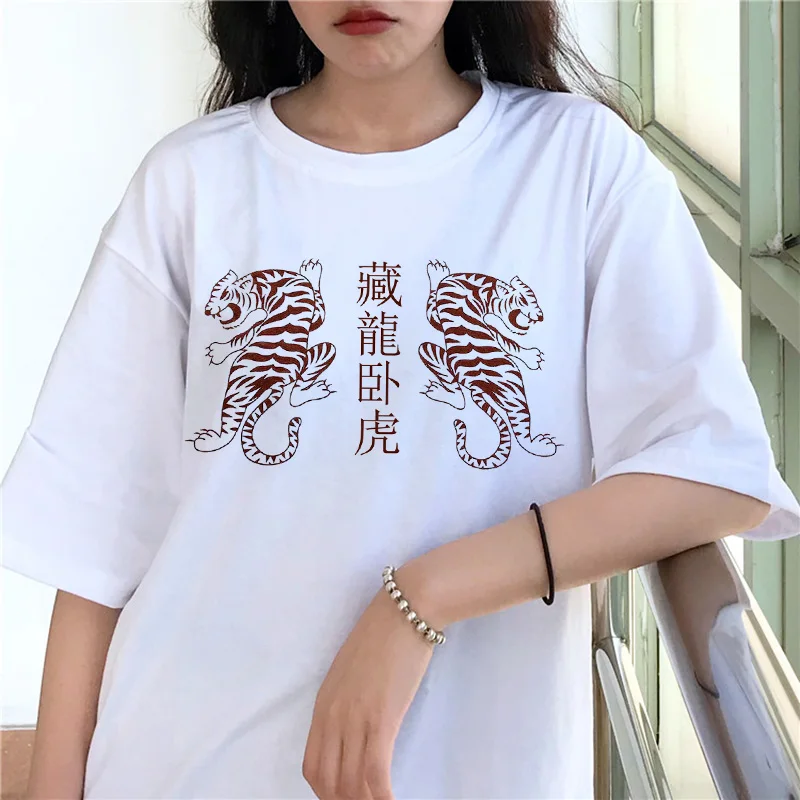 

Summer Women's T-shirts Punk Tees Vintage Chinese Character Tiger Hip-hop Loose Large Size Women Short-sleeved Harajuku T-shirt