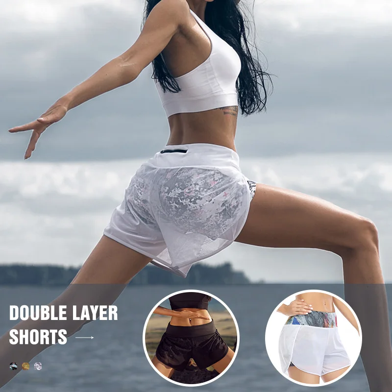 Спортивные шорты для фитнеса 2 в 1 спортивные Бесшовные черные бега женские