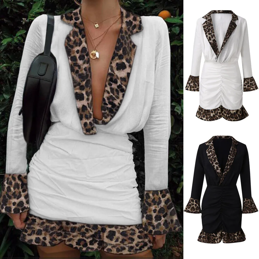 Стильное весеннее женское леопардовое платье с отложным воротником мини