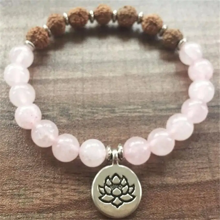 

8mm Pink crystal Gemstone Rudraksha Mala Bracelet 7.5 inches Cuff Sutra Handmade Wrist Reiki Buddhism Yoga Unisex Men