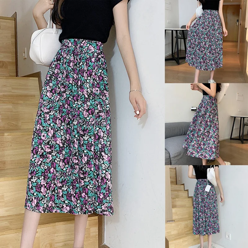 

Summer Vintage Floral Print Ruffle Kawaii Long Harajuku Women Korean Streetwear Elastic Waist Midi Skirt