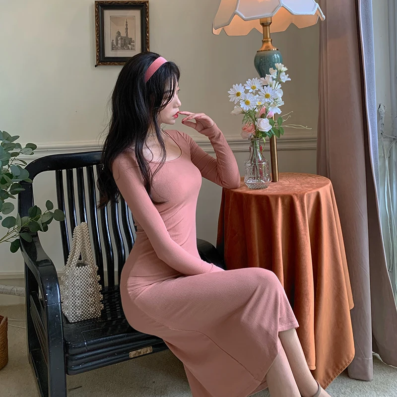 

Dresses Korean fashion Slimming Sheath Dress Kawaii Long Sleeve Knitted Dress New Simple and Versatile Base Ride