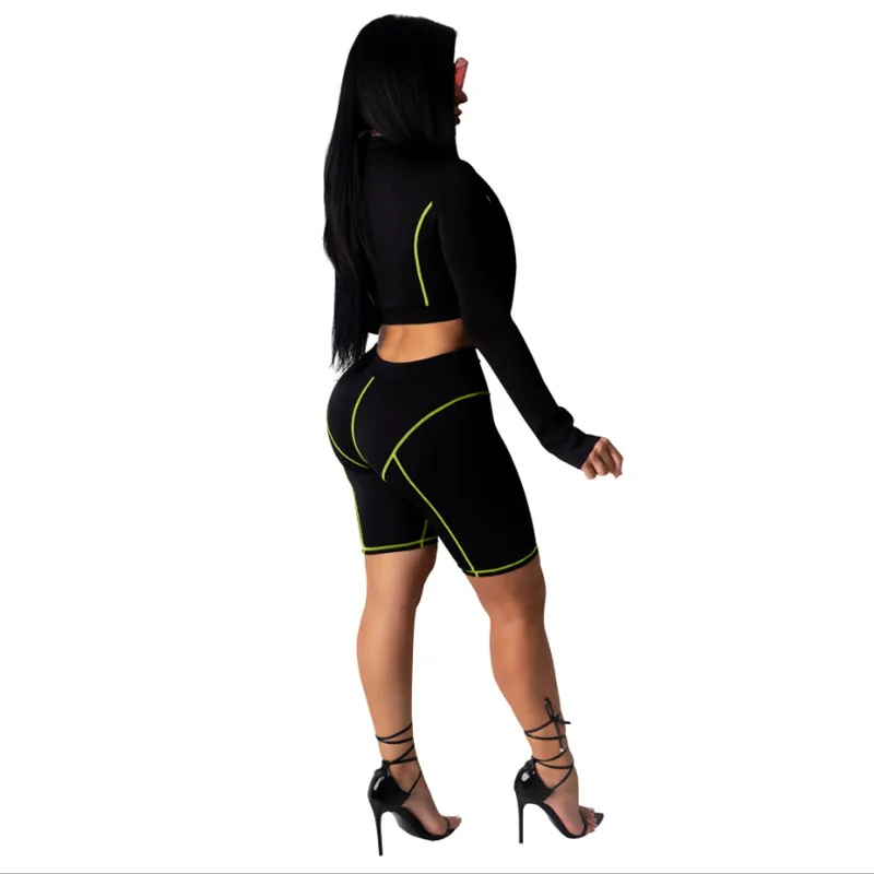 

Women Casual Striped Patchwork Fitness Sporty Outfits Women Two Piece Shorts Set Short Sleeve Zipper Tops+Shorts Tracksuits Sets