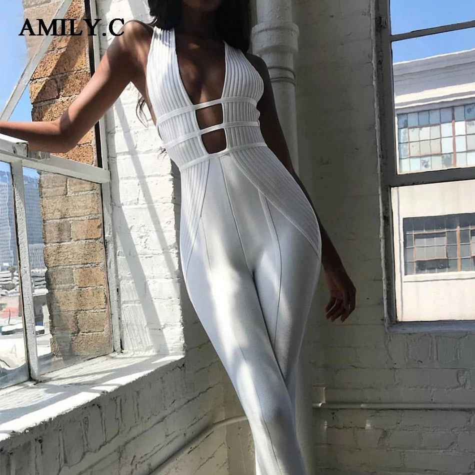 Женский комбинезон без рукавов Amily.c белый с глубоким v образным вырезом вечерние