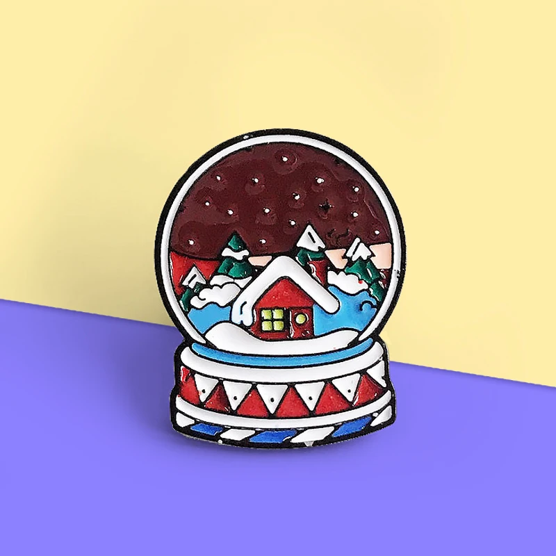 Cartoon Crystal Ball Brooch Christmas winter snow crystal ball Enamel Pin Fun Badge Clothes Backpack for kids Brosche Spille