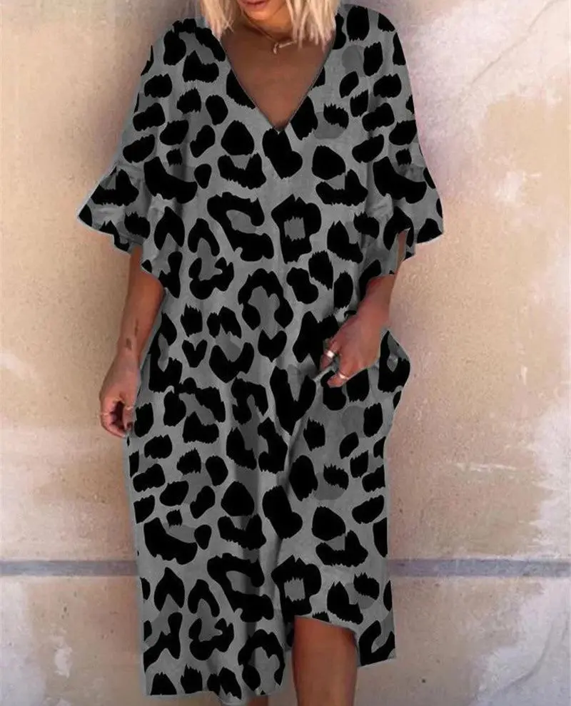 

Размера плюс с леопардовым принтом Mid длинные платья с коротким рукавом для женщин, Ретро стиль, новинка вечерние платье свободные винтажны...
