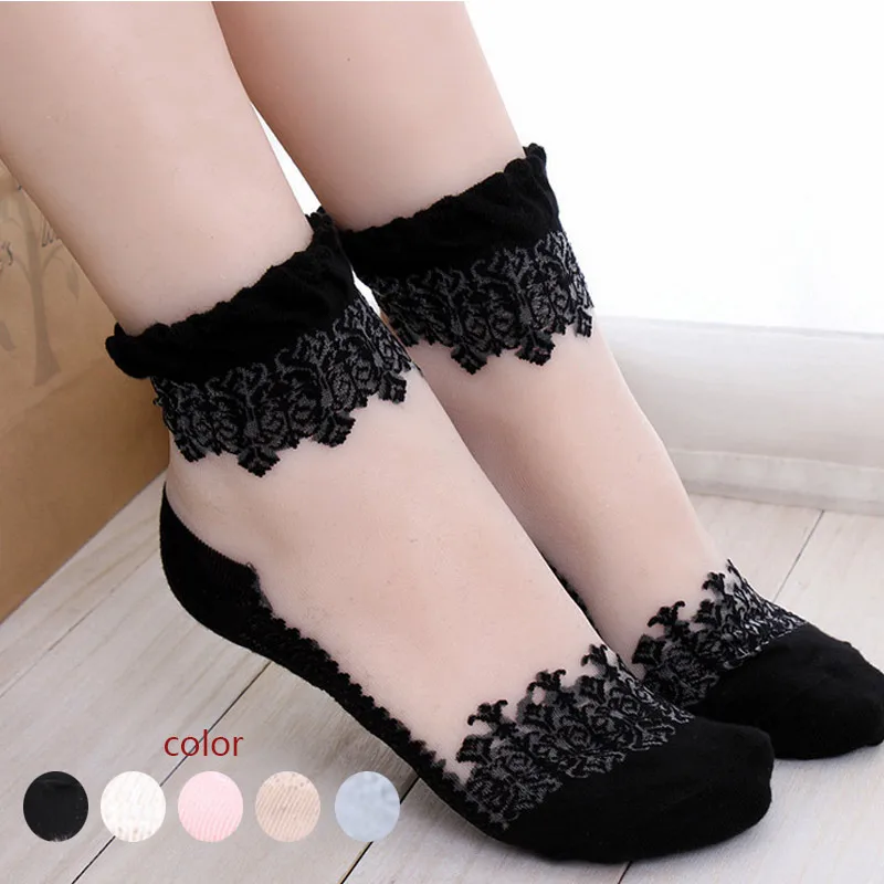 Женские разноцветные ультратонкие носки прозрачные кружевные эластичные