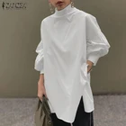 Модель ZANZEA 2022 года, стильный весенний Топ, Женская Повседневная Блузка с буффами на рукавах, женский топ с высоким воротником, однотонная туника