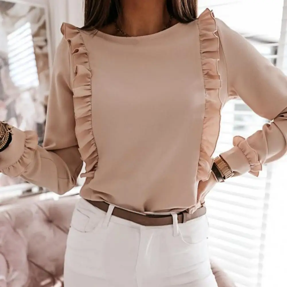

2021 Net Red Pleated Back Button Long Sleeve Shirt Women's Elegant Ruffle Shirt Women's Round Neck Solid Spring And Autumn Shirt