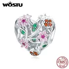 WOSTU 925 пробы серебряные божьи коровки и цветы СЕРДЦЕ бусины розовый Циркон Шарм Подходит оригинальный браслет ожерелье ювелирные изделия CTC117