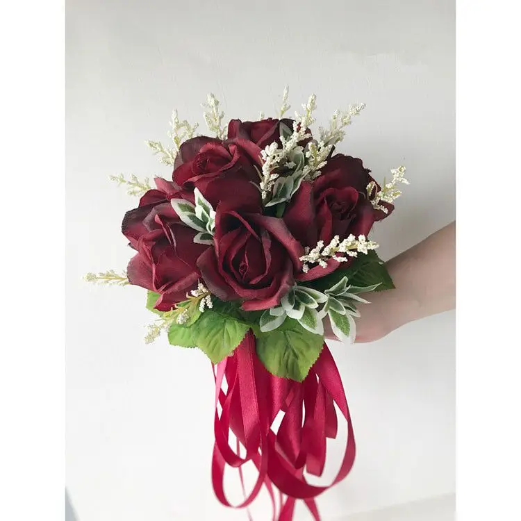 small-burgundy Meldel Свадебный букет невесты держащий цветок Шелковая Роза украшение для свадьбы поставки цветок композиция DIY домашний декор для выпускного вечера - Цвет: small-burgundy