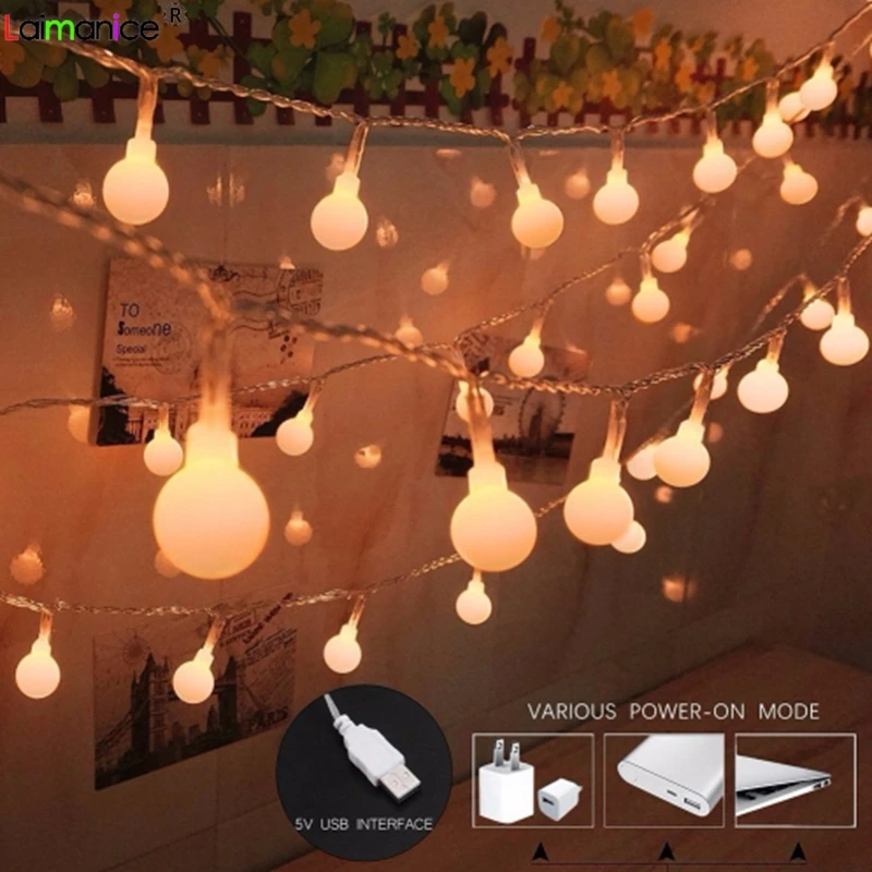 USB 2M 3M 5M 10M LED Ball String Lights Christmas Light for Home Patio Garden Lawn Wedding Party Events Decoration Garland Lamp on - Светодиодные гирлянды с мячиками на USB, длиной 2, 3, 5 или 10 метров, для оформления дома, патио, сада, газона на Рождест