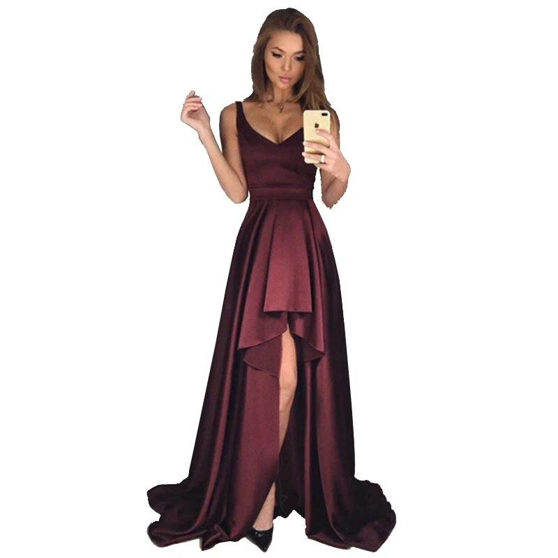 Бордовый атласный высокий низкий пляж вечерние платья сексуальные совок шеи без