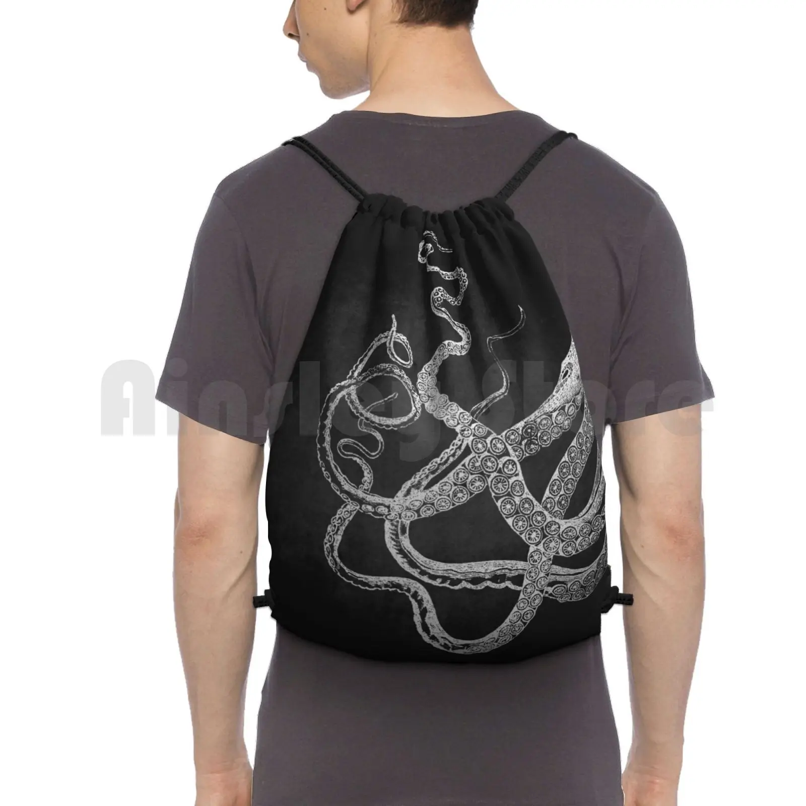 

Octopus Tentacles Illustration 2-White On Black Backpack Drawstring Bags Gym Bag Waterproof Vintage Engraving Illustraion