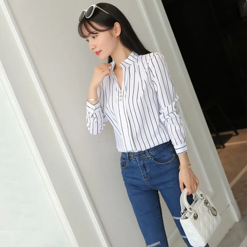 

New Fashion Women Stripe Print Tops Blouses Casual Long Sleeve Office Lady Work Formal Shirts Female Blouse