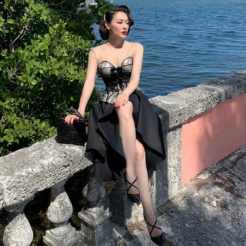 

Tight sexy V-neck mesh yarn perspective lace tube top women's summer fashion T-shirt 2020New ladies summer wild bow top T-shirt