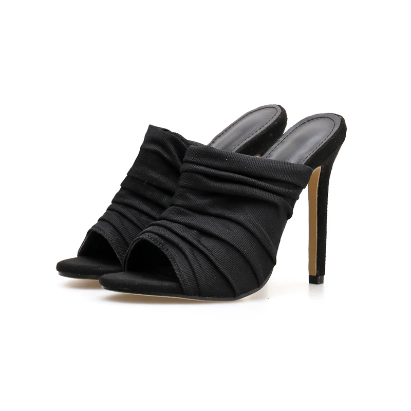 

Breathable Handmade Pleated Mesh Women's Slippers 2021 NIUFUNI Summer Peep Toe Solid Color Sexy Sandals Slides Fine High Heels