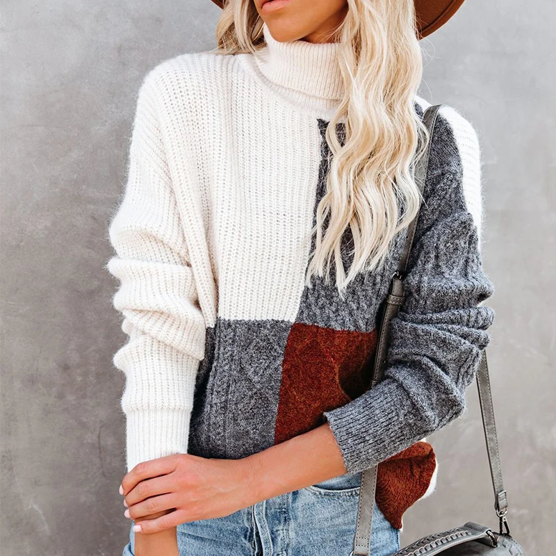 

Женский вязаный свитер в клетку, Свободный Повседневный пуловер большого размера с высоким воротником, Осень-зима 2021