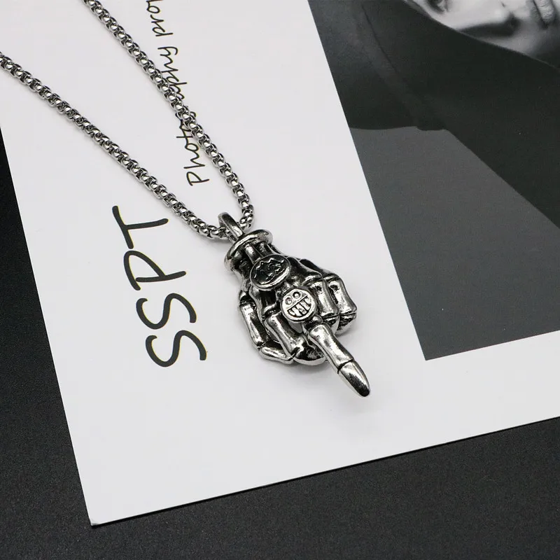 

Necklace Men Hip Hop Smiley Skull Hand Vertical Middle Finger Pendant Fashion Zinc Alloy Stainless Steel Chain Trendy Jewelry