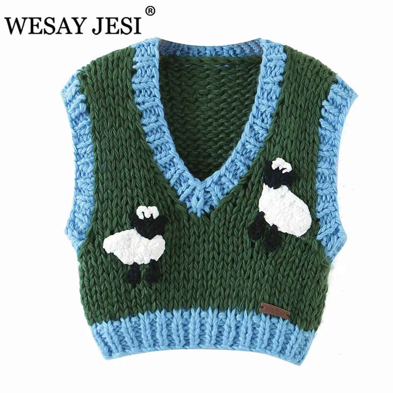 

WESAY JESI Women Sweater Vest TRAF ZA 2021 Oversize Cropped Knitted Sweater Vest Cartoons Fashion Sleeveless Sleeveless Pullover