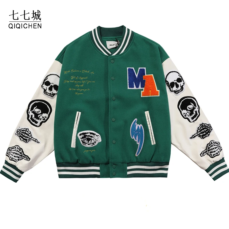 

Mens Hip Hop Varsity Baseball Jackets Furry Skull Patchwork Colorblock Bomber Jackets Harajuku Street Astronaut Punk Coat Unisex