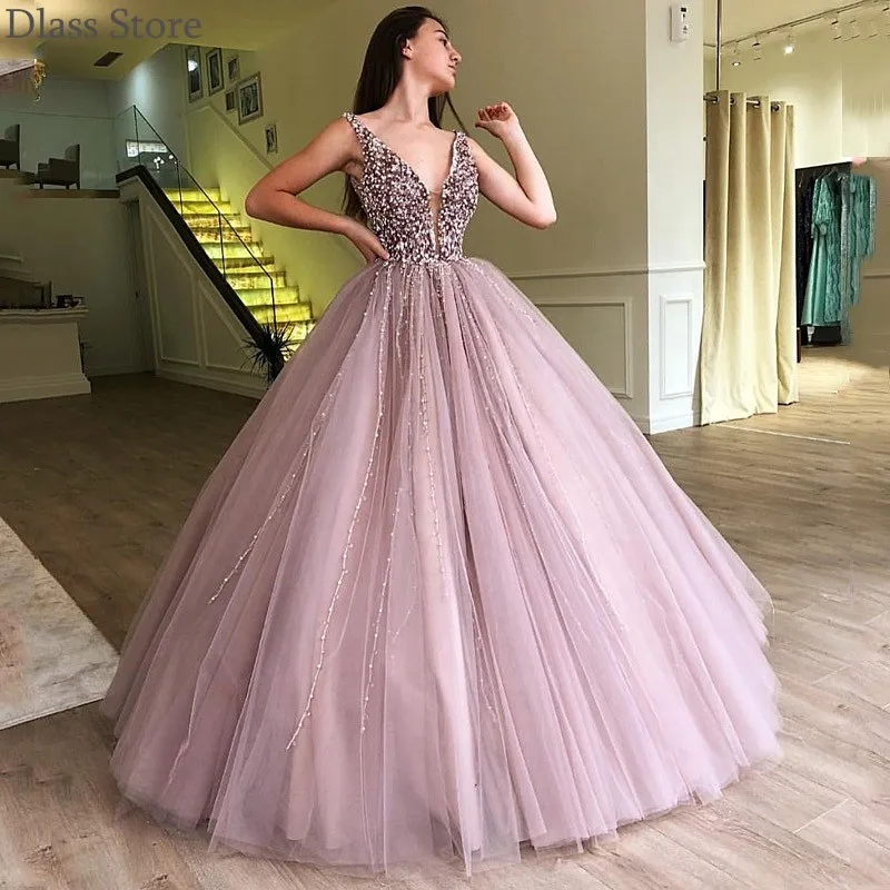 

Sequin Evening Dress Ball Gown Sexy V-neck Sleeveless Floor Length Beading 2020 New Luxury Prom Dresss платья знаменитостей