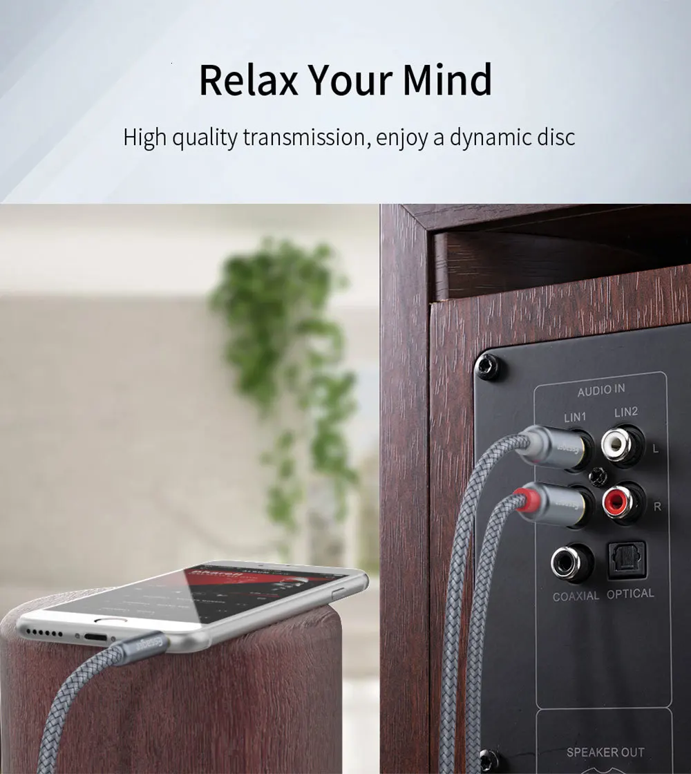 Кабель Essager RCA 3 5 мм Jack/2 Aux Переходник на 2 разветвитель аудиокабель для