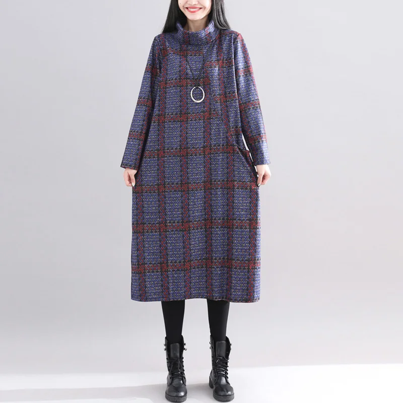 Платье в клетку Johnature повседневное облегающее платье с высоким воротом и длинным