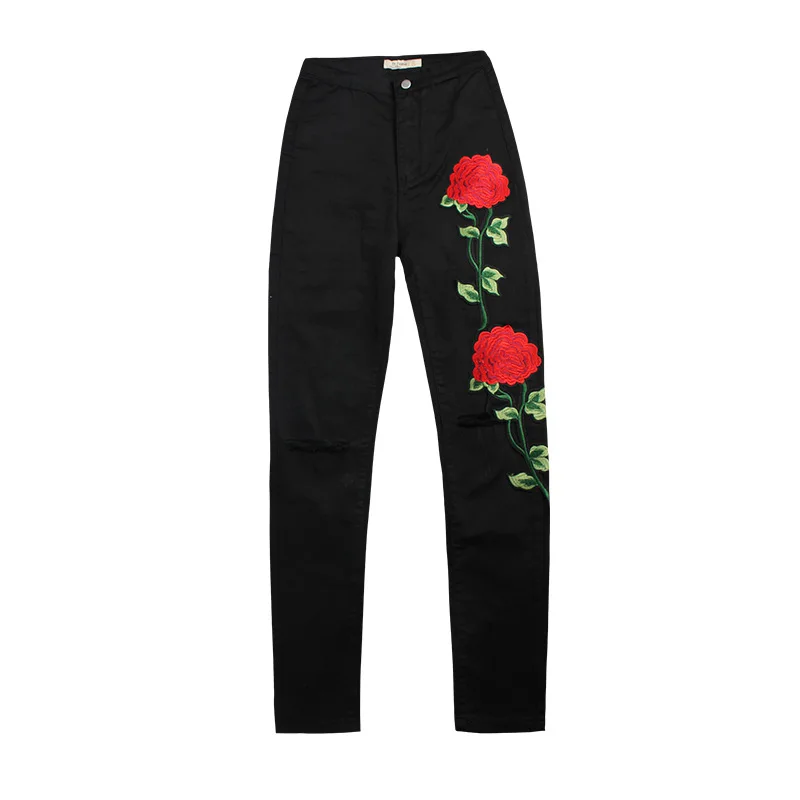 

Am069 Women New Fashion 3D Flower Chic Embroidery High Waist Denim Pants Female Streetwear Hip Hop Black Pencil Leg Skinny Jeans
