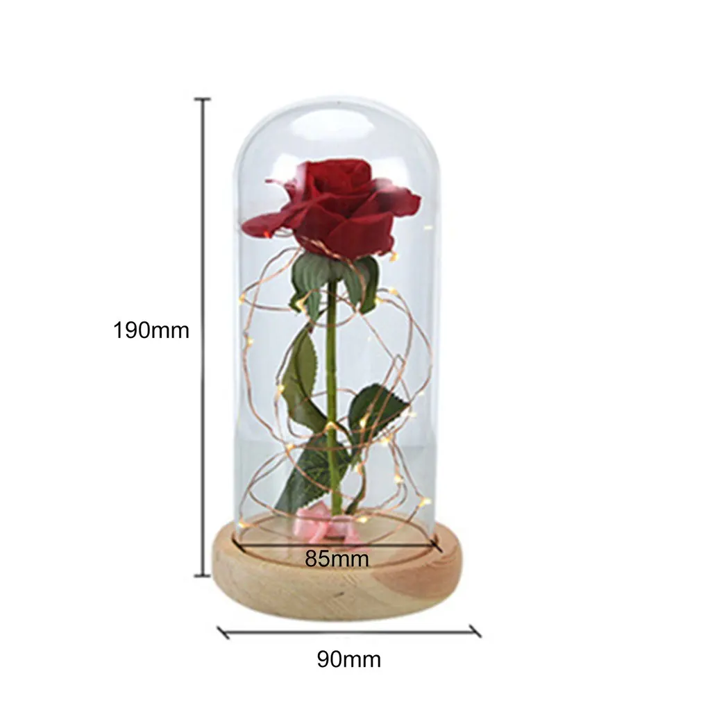 

Rose LED Night Lamp String Light in a Glass Dome Wooden Base Valentine's Day Gifts Room Decor Battery Power
