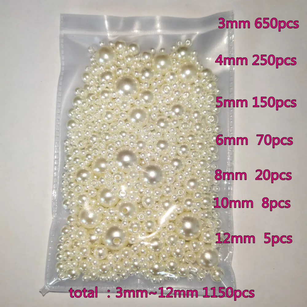 3-12mm Mix size 1150pcs Pure White/Pearl wtraight holes round imitation plastic pearl beads for needlework & Jewelry Making