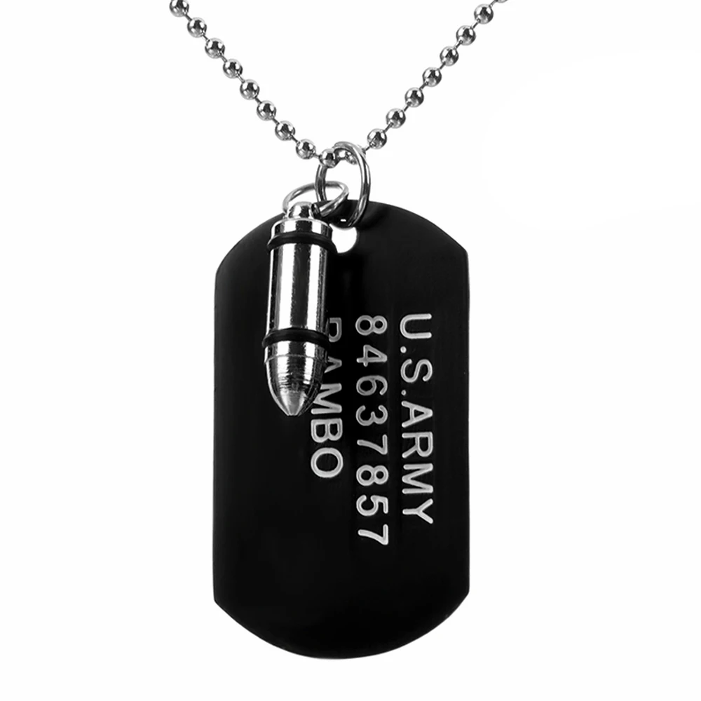 High Quality Fashion Men Military Army Bullet Charm Dog Tags SINGLE EMBOSSED Chain Pendant Necklace Jewelry Gift