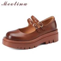 meotina natural genuine leather mary janes shoes round toe flats platform shoes buckle strap ladies footwear autumn beige black