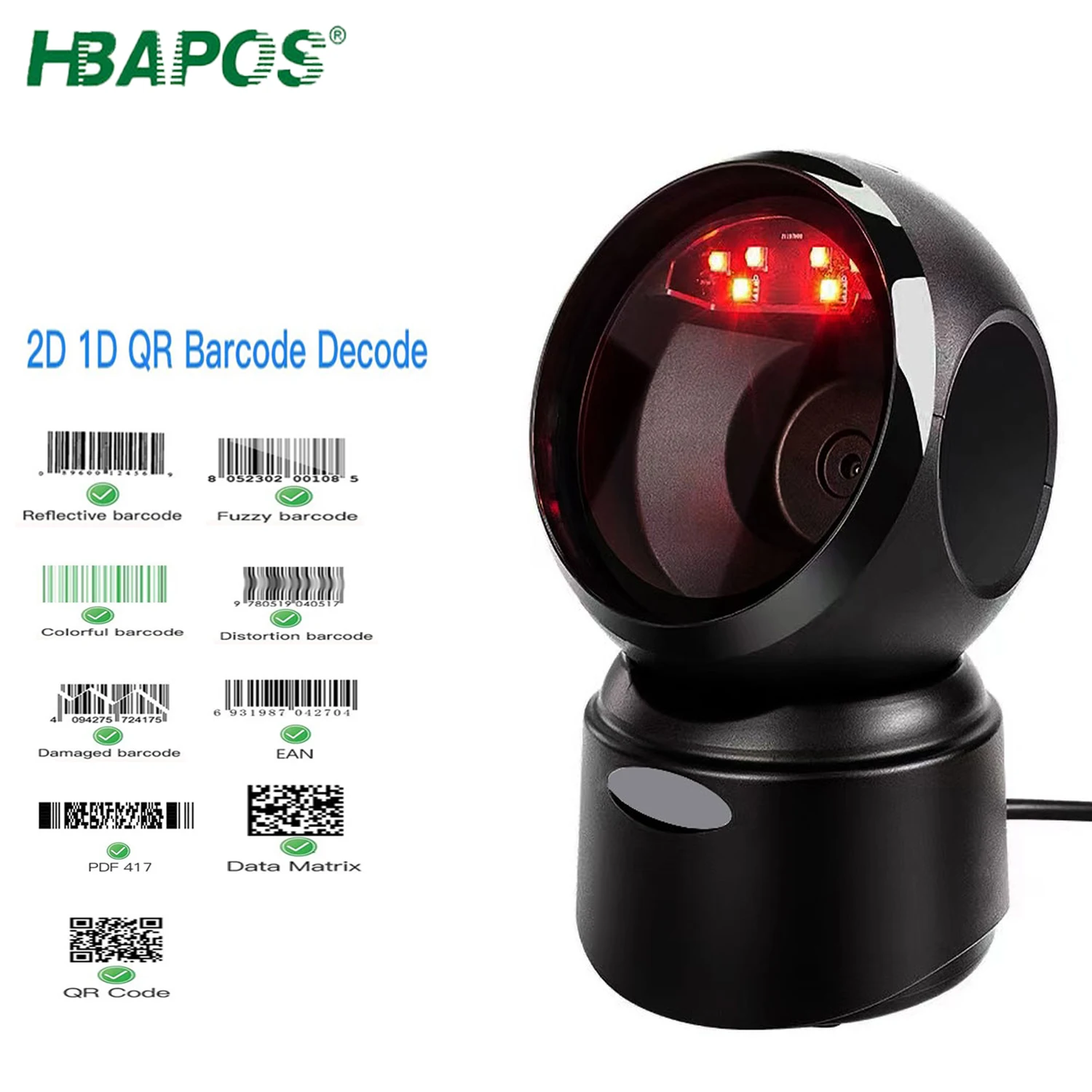 HBAPOS OmniDirectional Barcode Scanner Wired Hands-Free 1D 2D QR Code Reader Adjustable Scan Angle Payment Reader Scan Automatic