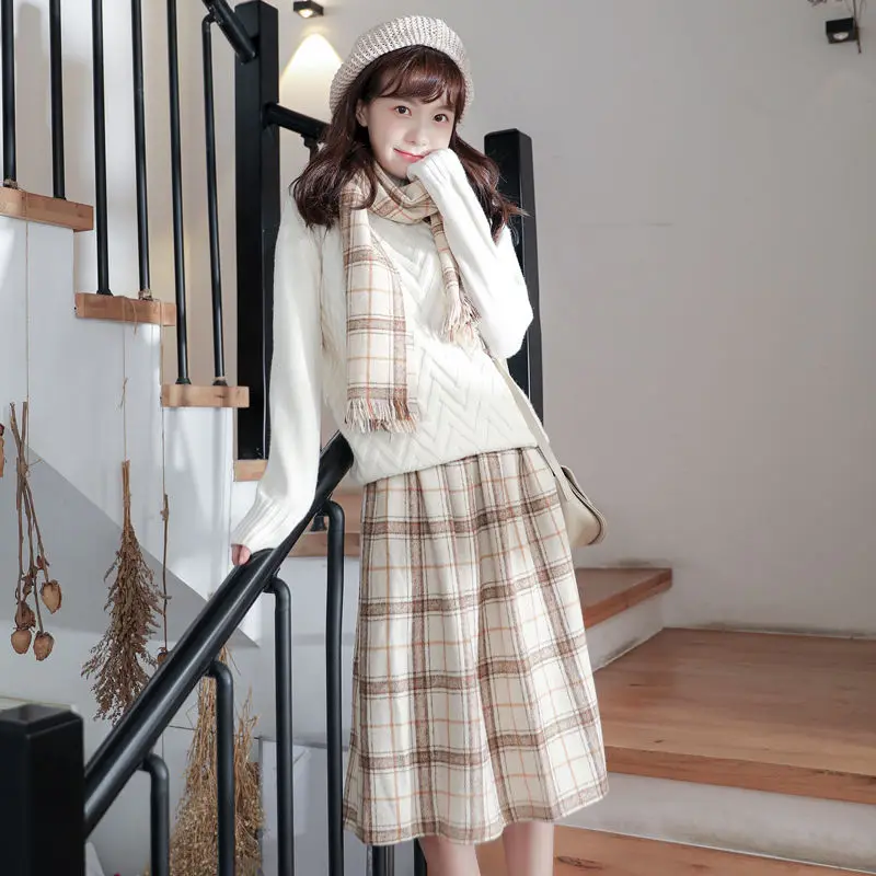 

High Waist Vintage Plaid Midi Skirts Saia Mori Girl Cute Pleated Skirts Lolita Autumn Winter Women Skirt