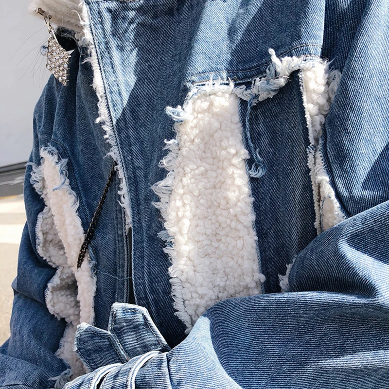 TWOTWINSTYLE Hit Color Patchwork Denim Tassel Trench Coats For Women Lapel Collar High Waist Sashes Windbreakers Autumn New