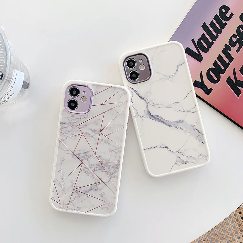 

Soild White Marble Frosting Phone Case For IPhone 11 12 Pro X XR XS Max SE2 7 8 Plus Shockproof TPU Soft Lens Protective Cover