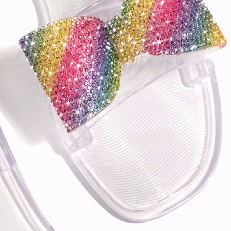 

Woman 2021 Sparkly Slippers Summer Women Bowtie Crystal Flats Female Fashion Transparent Beach Shoes Laides Casual Open Toe Slid