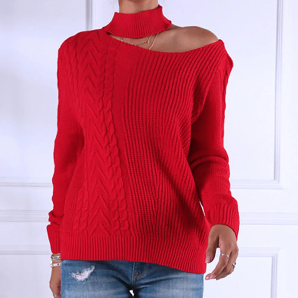 Женский свитер с открытыми плечами зимний однотонный вязаный пуловер женские