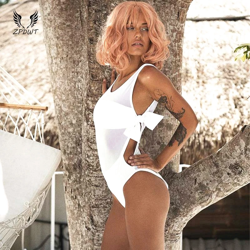 Женский слитный купальник ZPDWT белый сетчатый с бантом монокини глубоким вырезом