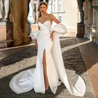 Современные Свадебные платья с юбкой-годе и разрезом спереди, свадебные платья с коротким рукавом и съемным рукавом, свадебные платья 2 в 1 со съемным шлейфом