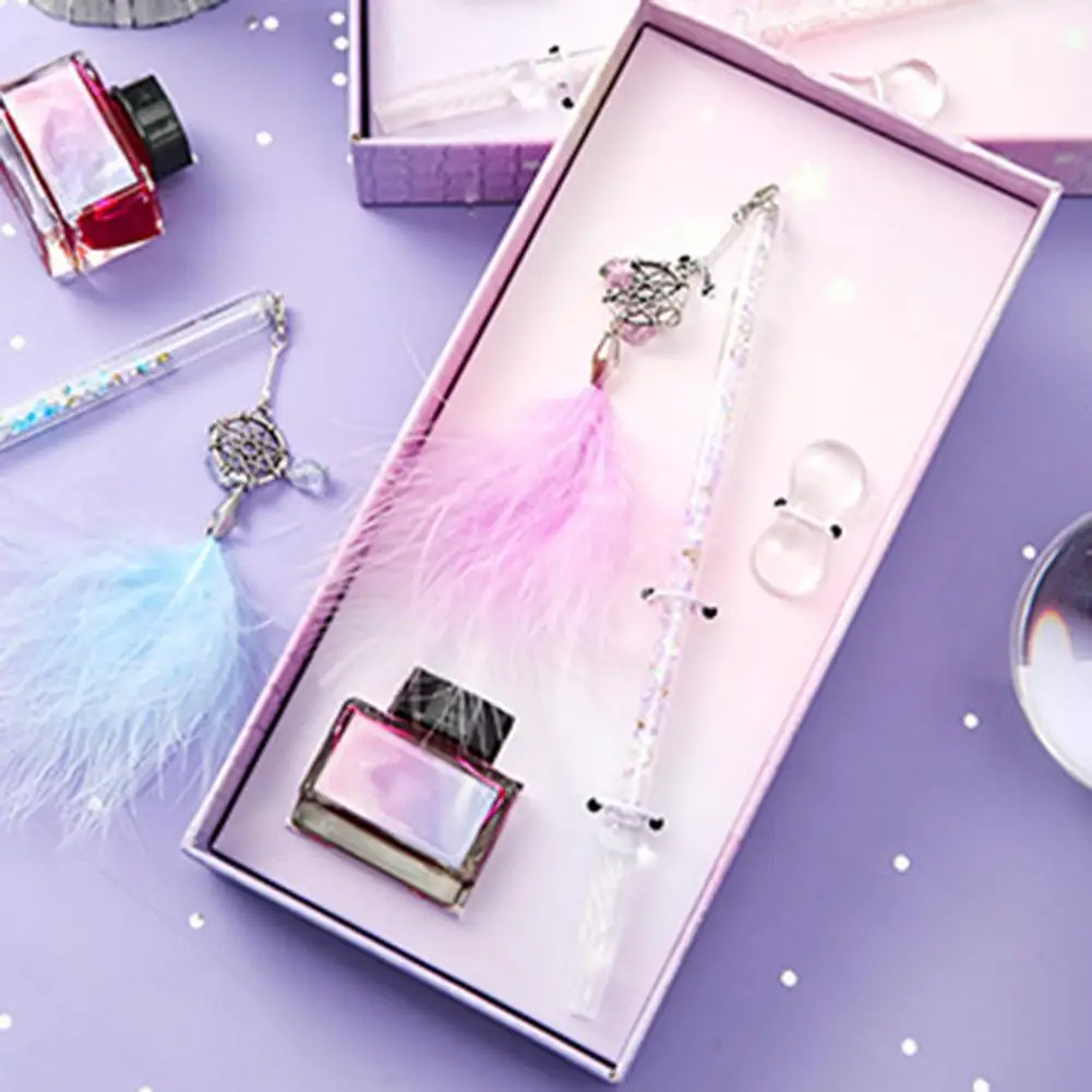 Juego de plumas de cristal bonitas, Pluma de dise&ntilde;o colgante, ahorro de tinta, f&aacute;cil de limpiar, firma de cristal art&iacute;stico para bocetos, 1 Juego-2