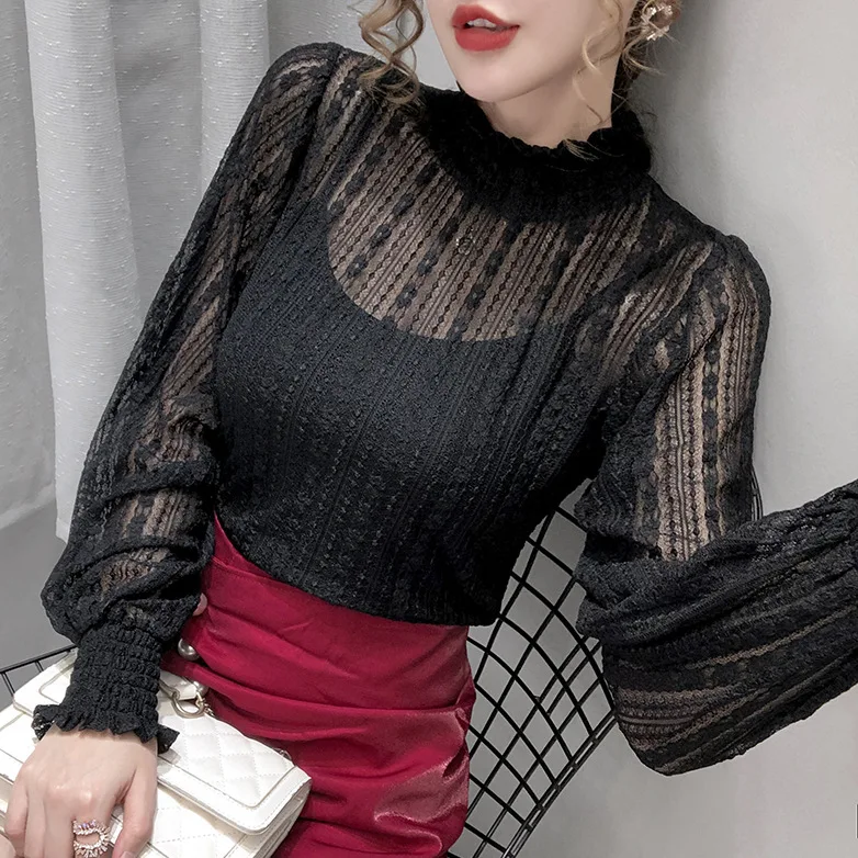 

High Collar Lace Base Shirt Female Autumn and Winter Delicacy Underwear New Style Fashion Shirt Western Style Gauze Tops
