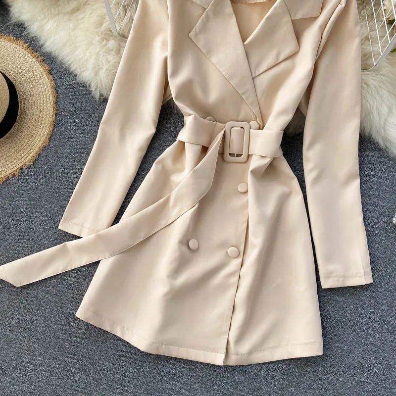 

Spring New Women Streetwear Blazer Dress Autumn Fashion Turn Down Collar Short Double Breasted With Belt Dresses Ladies G1220
