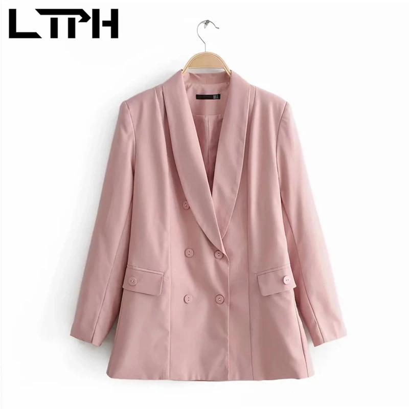 LTPH-Conjunto de 2 piezas de chaqueta con doble botonadura para mujer, traje de señora de oficina, color rosa, paquete de cintura alta, falda a la cadera, primavera 2021