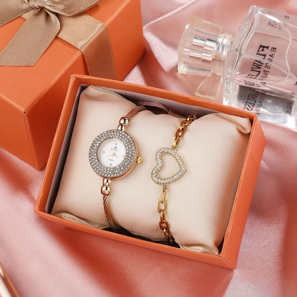 

2 шт./компл. часы-браслет для женщин, модные часы с бриллиантами, циферблат, маленький корпус, брендовые титановые браслеты Zonmfei, подарок, не в...