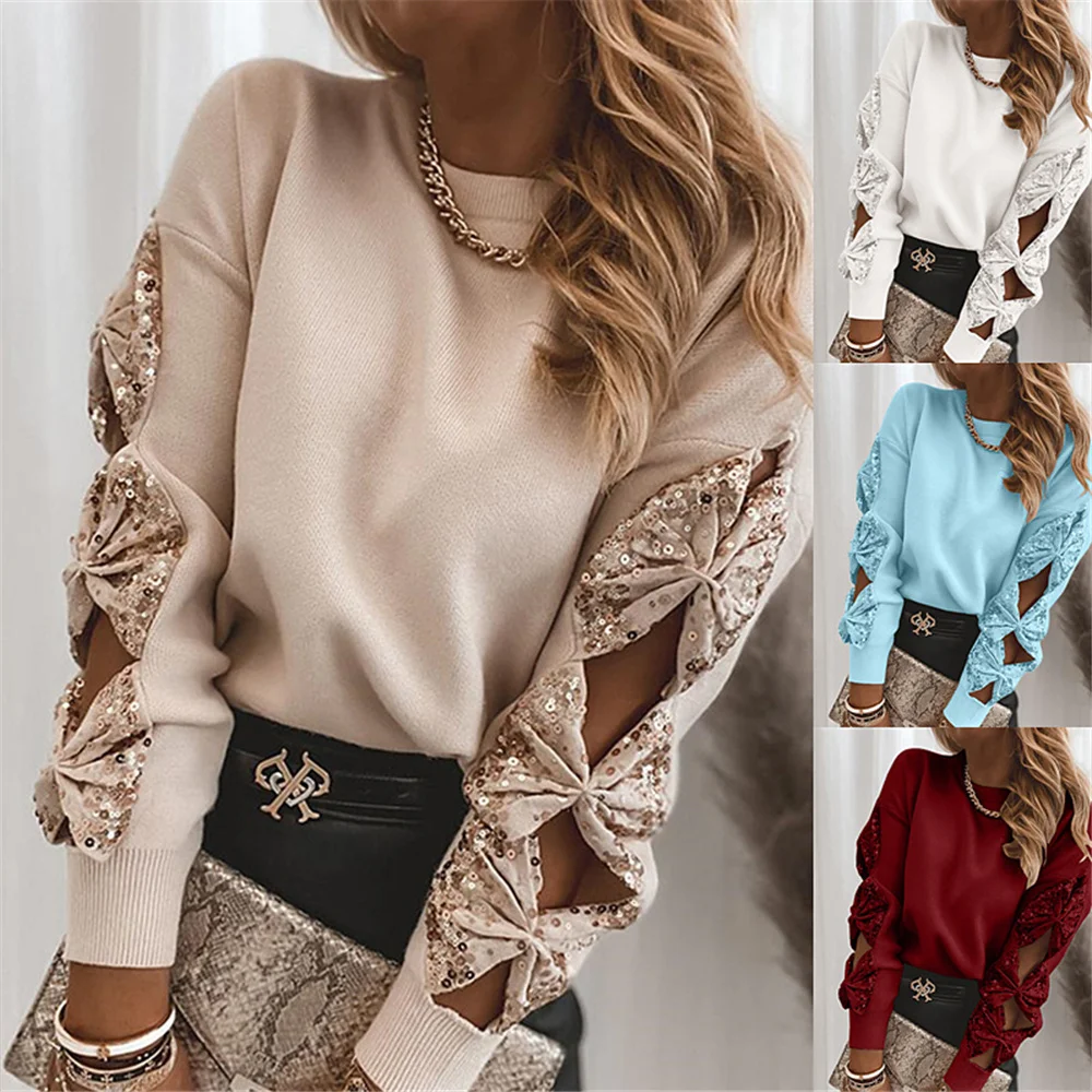 

Spring 2021 top round neck Women's openwork long sleeve T-shirt casual sequins patchwork top commuter