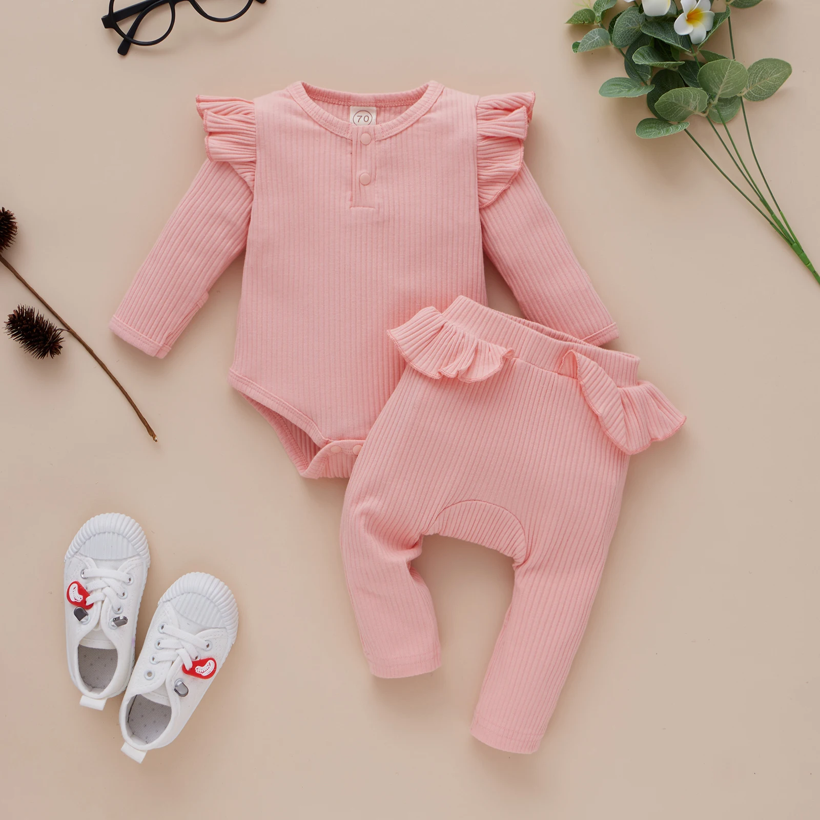 

0-12M 2Pcs Newborn Infant Baby Girls Clothes Autumn Outfit Fly Long Sleeve Knitted Romper + Ruffle Splicing Pants Set