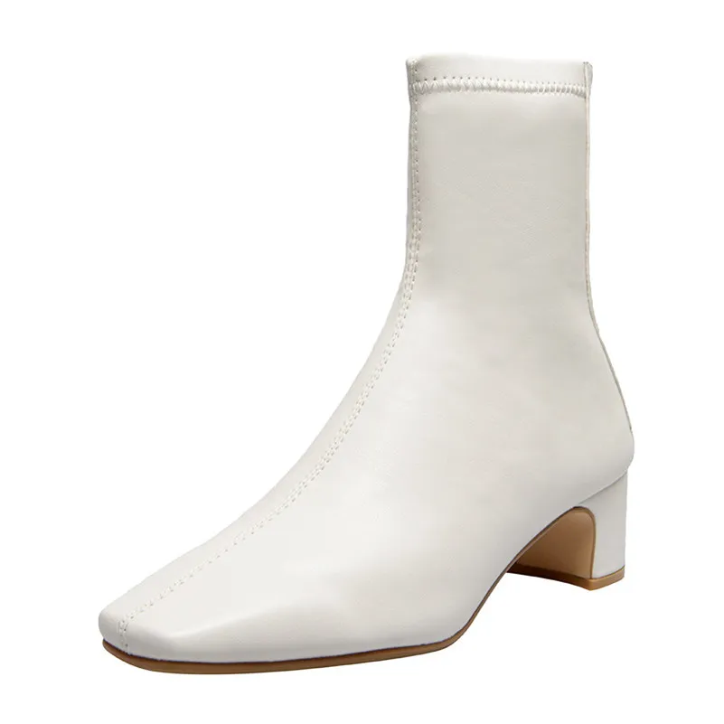 

FOREADA Square Toe Woman Boots Med Heel Ankle Boots Chunky Heel Short Boots Zipper Female Shoes Autumn Winter White Black 33-41